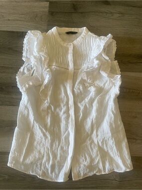 Zara White Ruffled Sleeve Camisole - Pintuck Detail